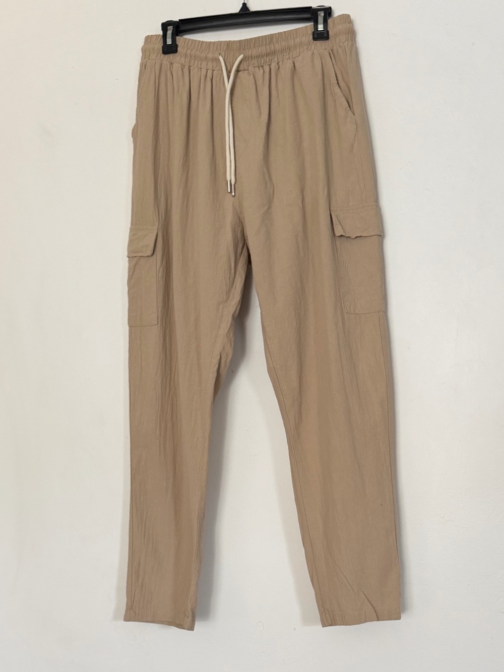 Women's XL 95% Linen Cargo Pants Tan Drawstring High Rise Relaxed Coastal